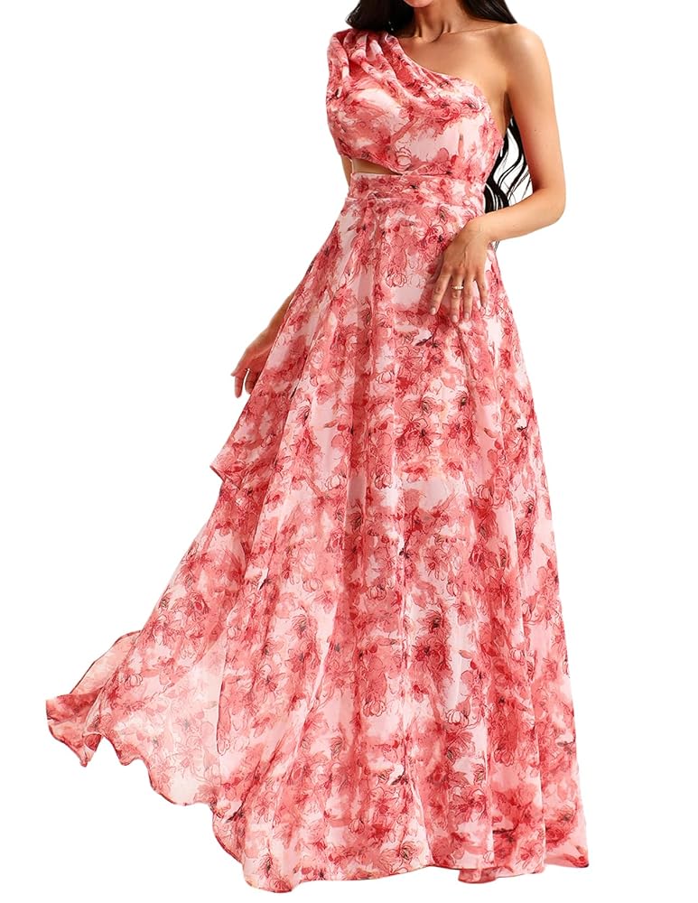 Amazon.com: Red Floral Dress Maxi One Shoulder Dress Women